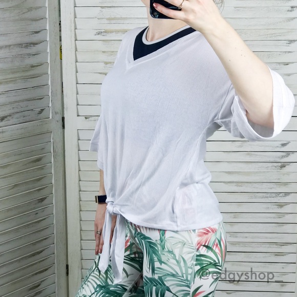 Mono B Tops - Tie Front Ribbed V-Neck Tee